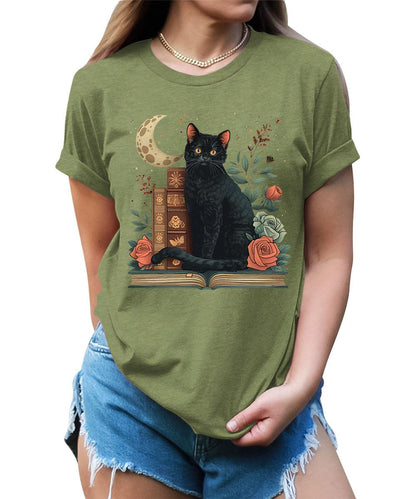 Women's Funny Bookworm Black Cat Graphic Tees