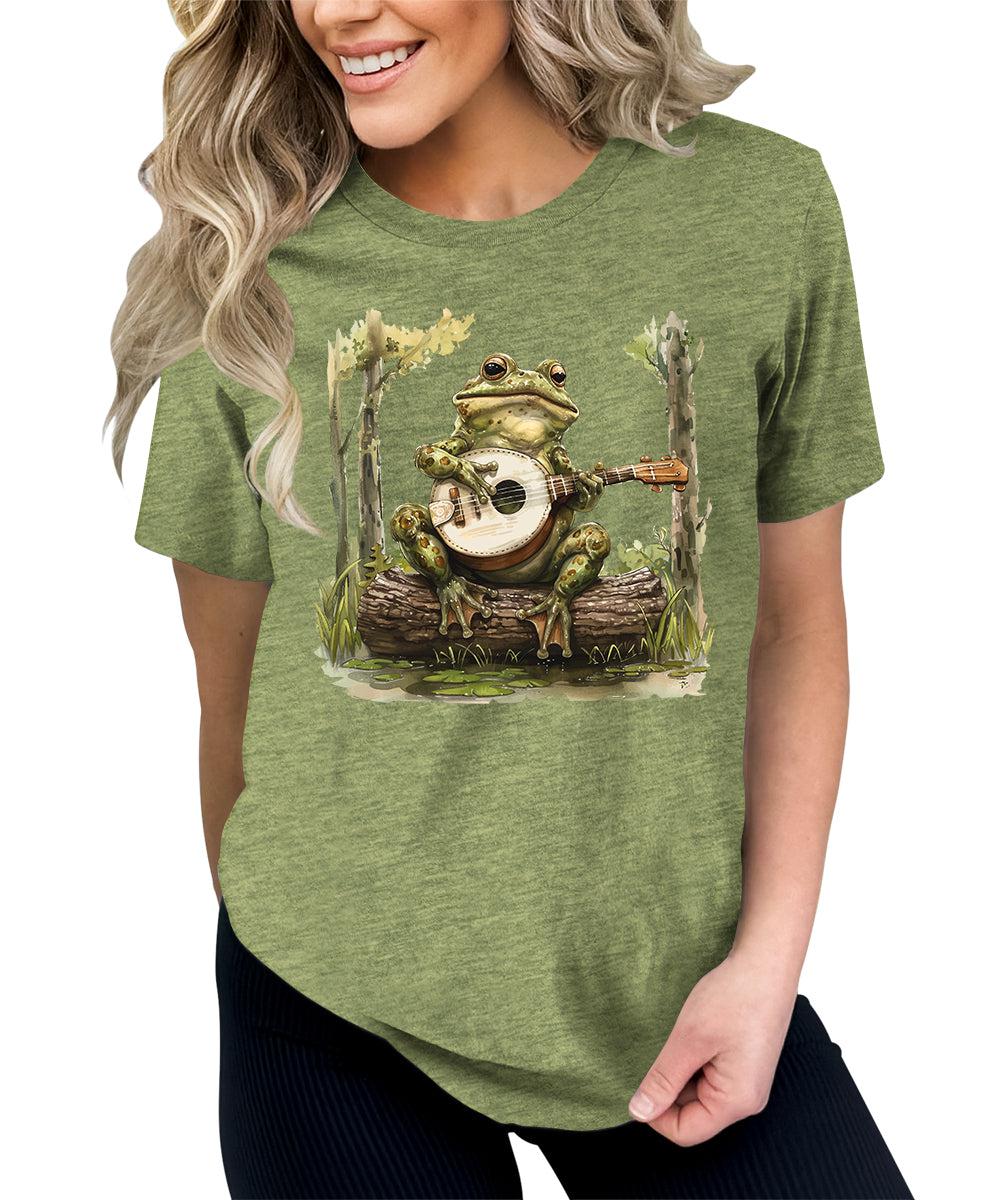 Women's Cottagecore Frog Playing Guitar Graphic Tees