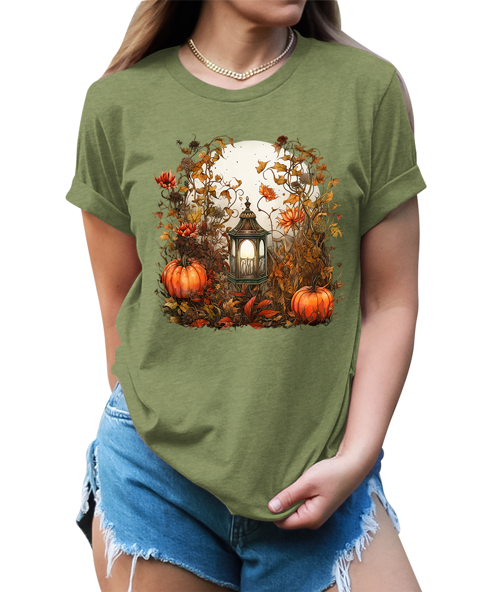 Moon Lantern Fall Floral Pumpkin Graphic Tees for Women