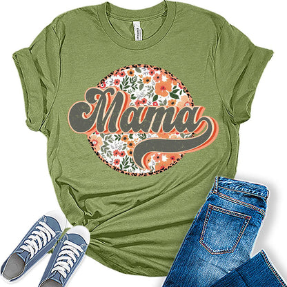 Mama Shirt Cute Floral T Shirt Retro Letter Print Vintage Graphic Tees for Women Plus Size Tops