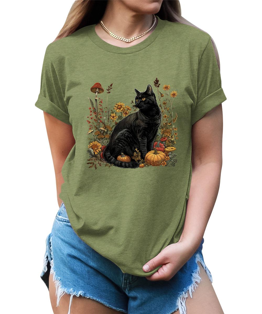 Fall Black Cat Graphic Tees For Women