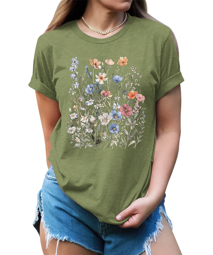 Women's Vintage Floral T Shirt Boho Wildflower Graphic Short Sleeve Tops