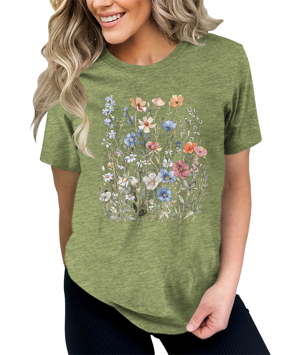 Women's Vintage Floral T Shirt Boho Wildflower Graphic Short Sleeve Tops