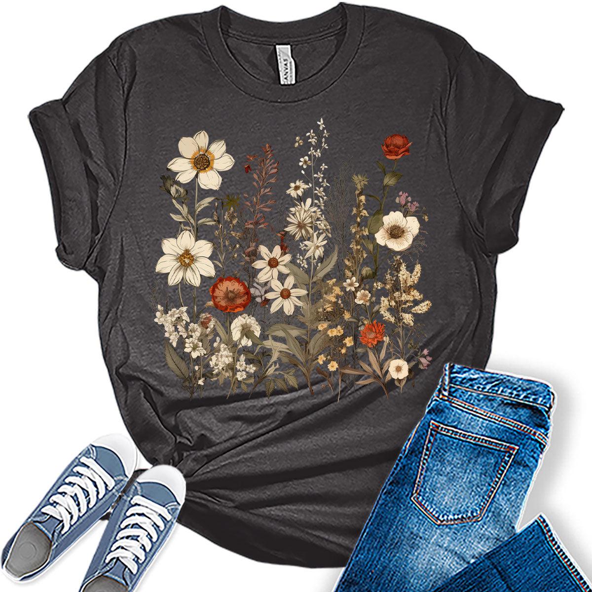 Boho Shirt Vintage Wildflower Floral Graphic Tees for Women Spring Summer Plus Size Shirts