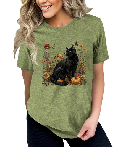 Fall Black Cat Graphic Tees For Women