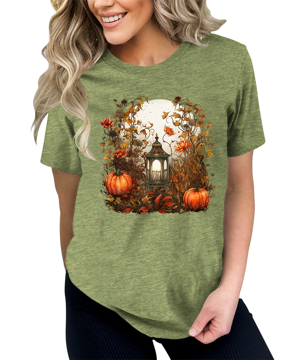 Moon Lantern Fall Floral Pumpkin Graphic Tees for Women