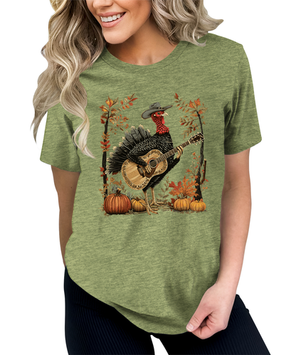 Turkey Playing Guitar Shirt Women Thanksgiving Graphic Tees