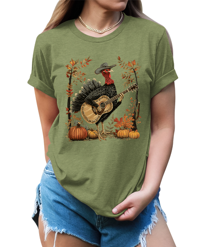 Turkey Playing Guitar Shirt Women Thanksgiving Graphic Tees