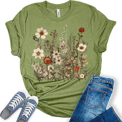 Boho Shirt Vintage Wildflower Floral Graphic Tees for Women Spring Summer Plus Size Shirts