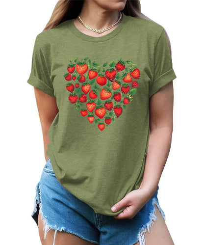 Trendy Strawberry Heart Graphic Tees For Women