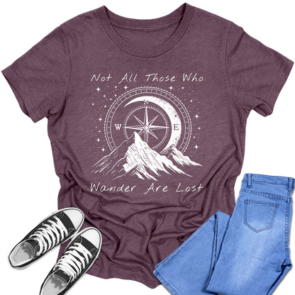 Girl's Short Sleeve Graphic Tees Cute Hiking Not All Those Who Wander Are Lost Shirt Casual Fall Tops