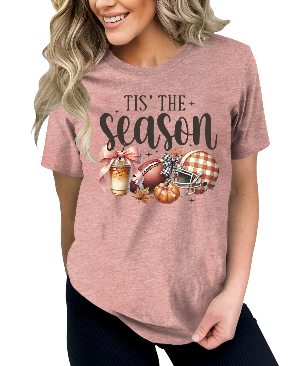 Tis' The Season Thanksgiving Football Pumpkin Graphic Tees for Women