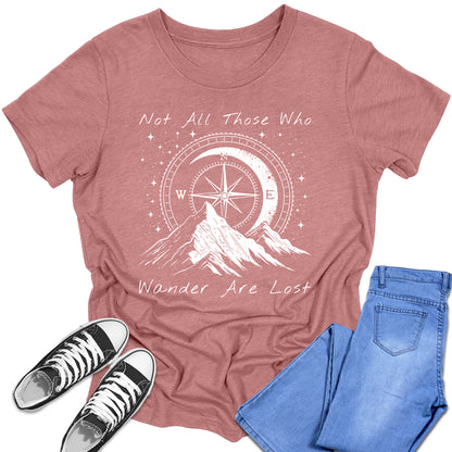 Girl's Short Sleeve Graphic Tees Cute Hiking Not All Those Who Wander Are Lost Shirt Casual Fall Tops