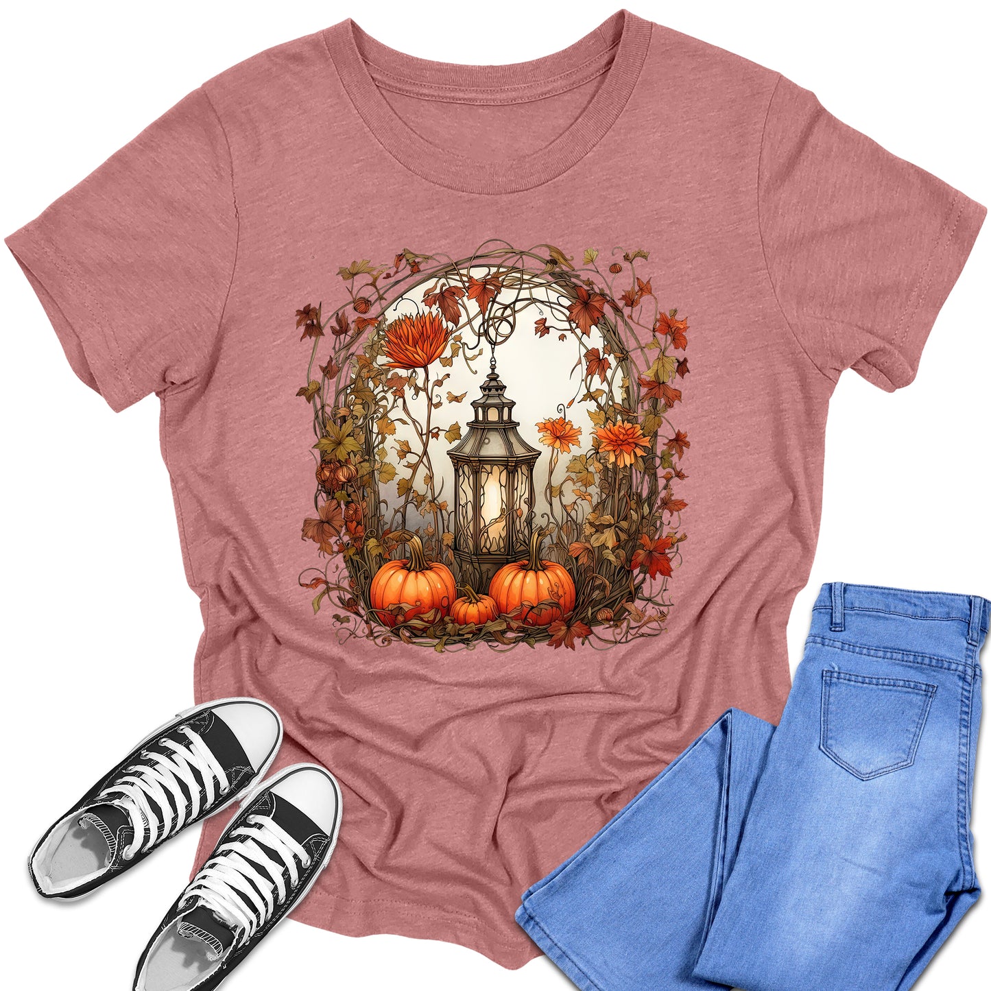 Girl's Short Sleeve Graphic Tees Cute Floral Lantern Pumpkin Shirt Back To School Fall Tops