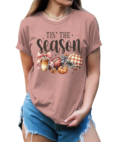 Tis' The Season Thanksgiving Football Pumpkin Graphic Tees for Women