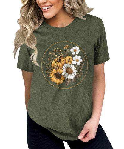 Women's Fall Vintage Pumpkin T Shirt Floral Graphic Tees Plus Size Tops