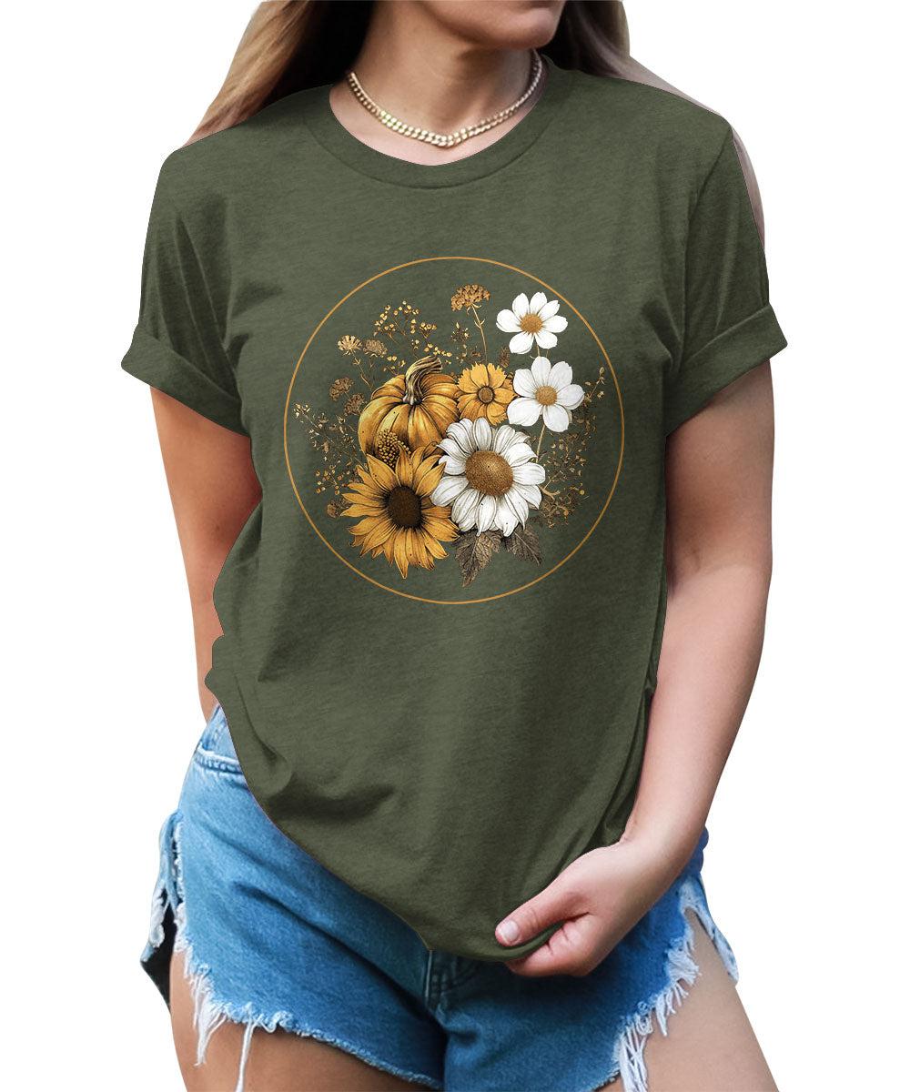 Women's Fall Vintage Pumpkin T Shirt Floral Graphic Tees Plus Size Tops