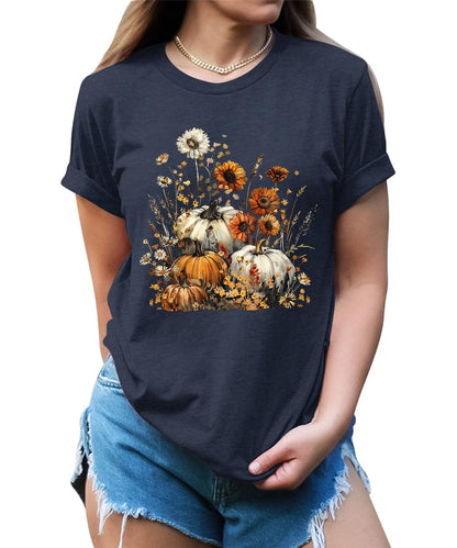 Fall Wildflower Pumpkin Graphic Tees For Women