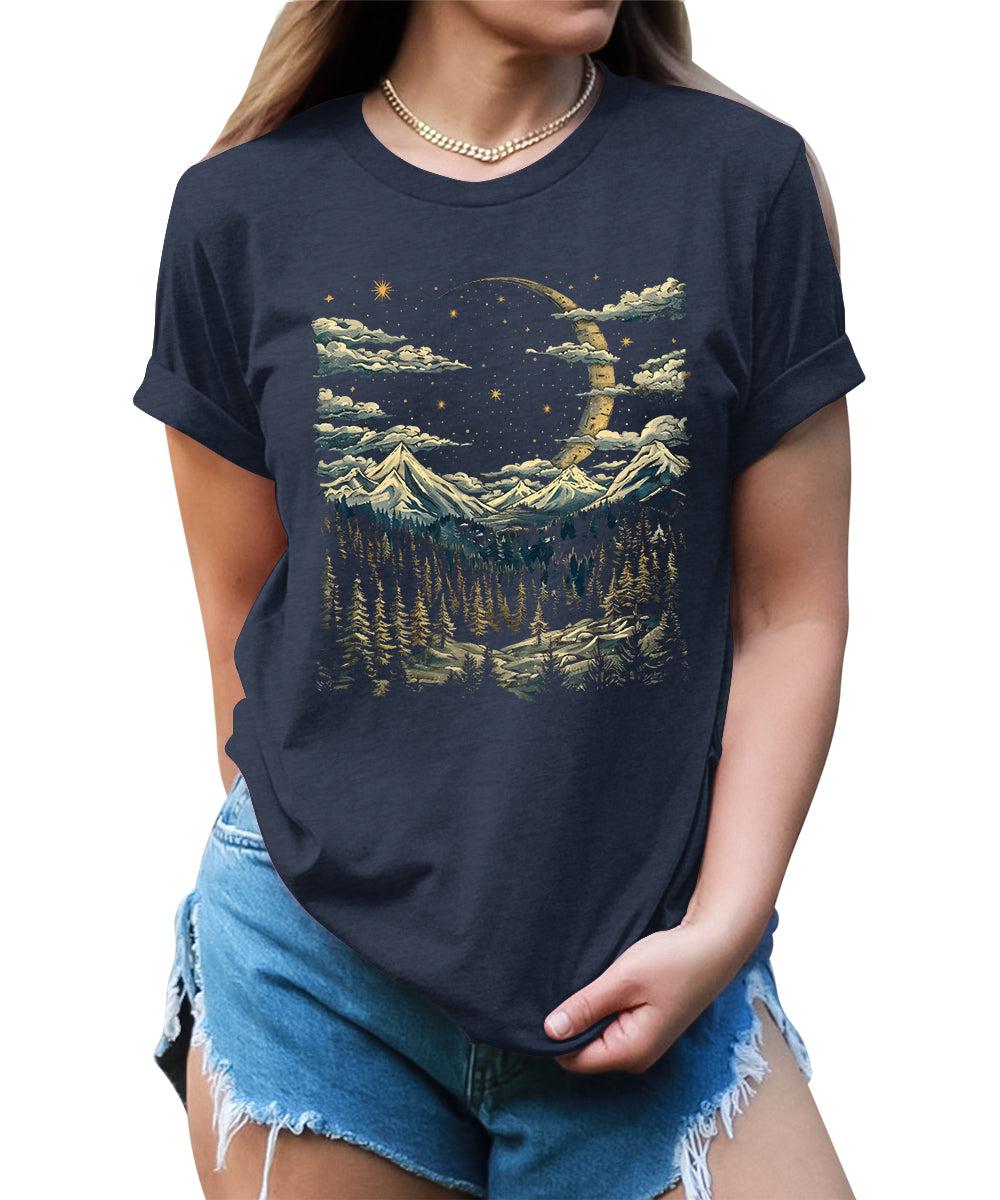 Women's Crescent Moon Night Hiking Camping Forest Graphic Tees