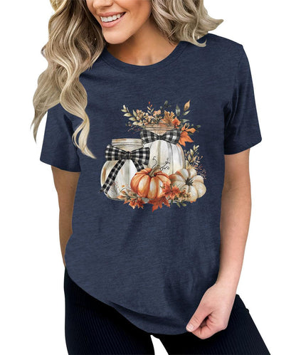 Women's Fall Pumpkin Shirt Floral Plaid Halloween Graphic Tees Plus Size Tops