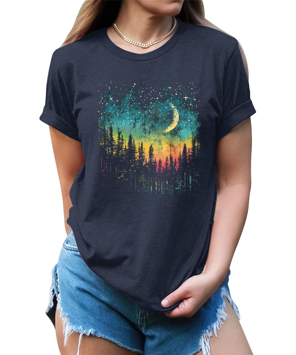 Women's Crescent Northern Lights Camping Forest Graphic Tees