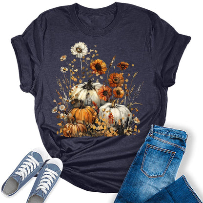 Fall Wildflower Pumpkin Graphic Tees For Women