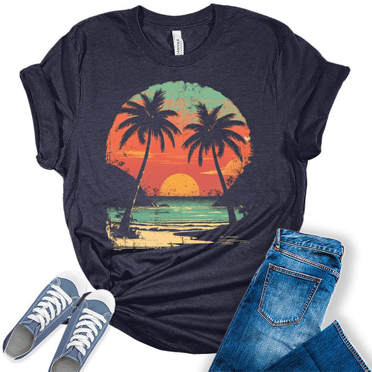 Sunset Palm Tree Beach Shirt Vintage Women Graphic Tees