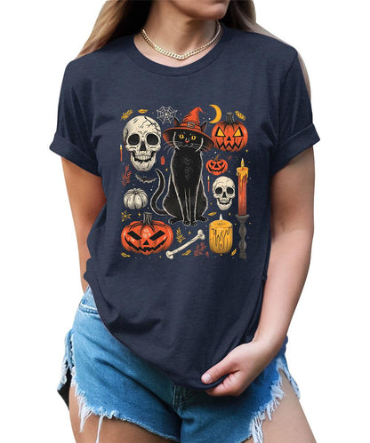 Scary Halloween Witch Cat Pumpkin Graphic Tees For Women