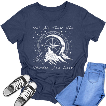 Girl's Short Sleeve Graphic Tees Cute Hiking Not All Those Who Wander Are Lost Shirt Casual Fall Tops