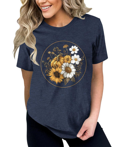 Women's Fall Vintage Pumpkin T Shirt Floral Graphic Tees Plus Size Tops