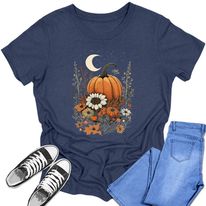 Girl's Short Sleeve Graphic Tees Cute Floral Moon Pumpkin Shirt Back To School Fall Tops