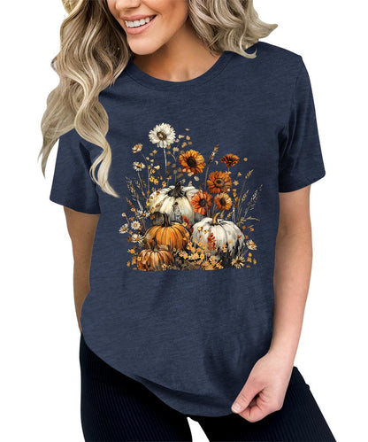 Fall Wildflower Pumpkin Graphic Tees For Women