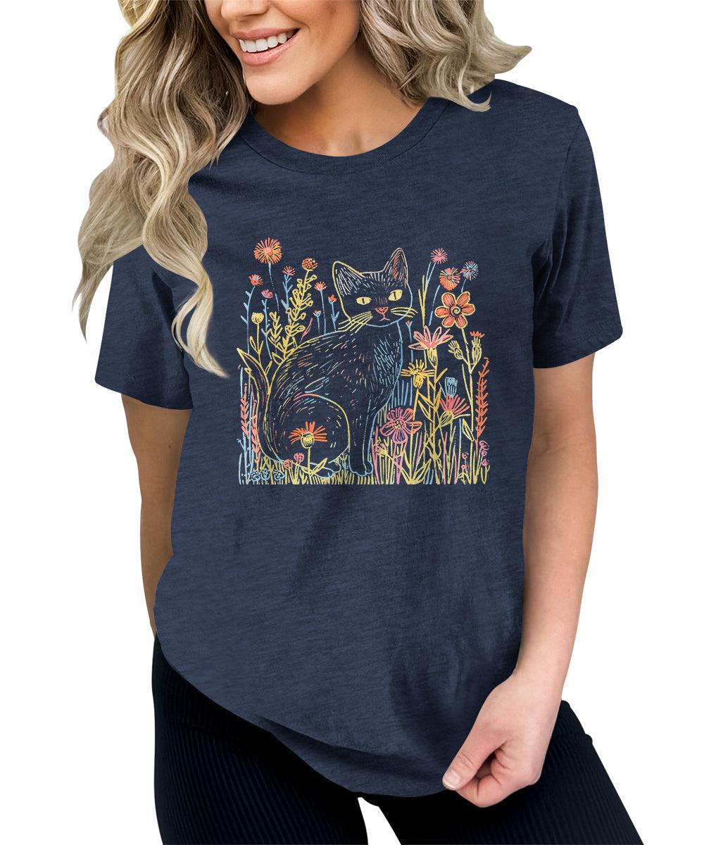 Cat Shirts Cute Wildflower Graphic Tees For Women