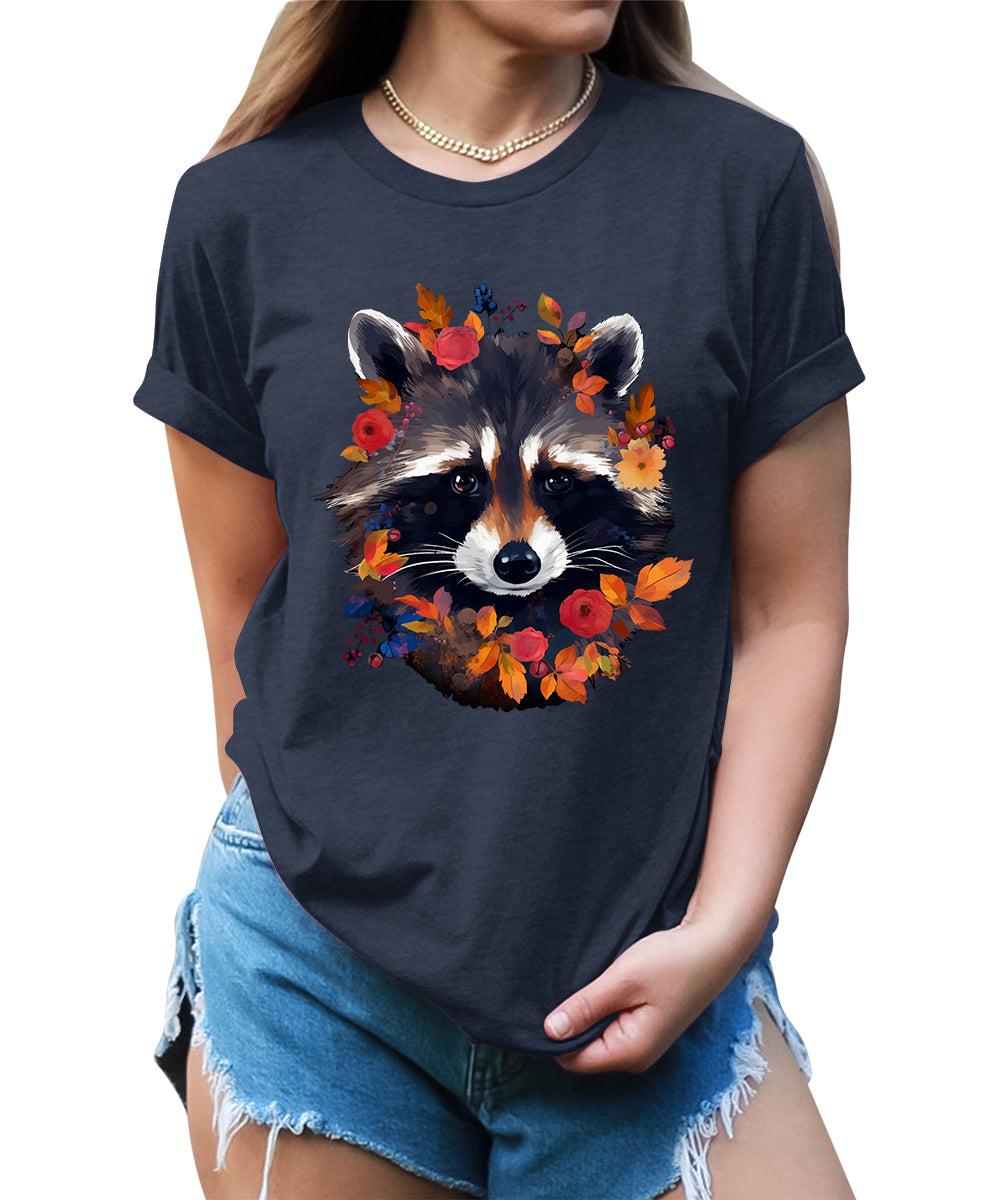 Fall Raccoon Face Flowers Graphic Tees For Women