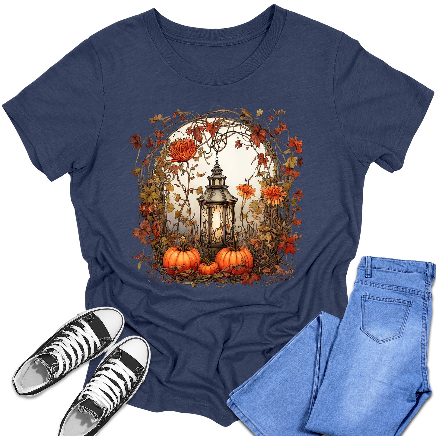 Girl's Short Sleeve Graphic Tees Cute Floral Lantern Pumpkin Shirt Back To School Fall Tops