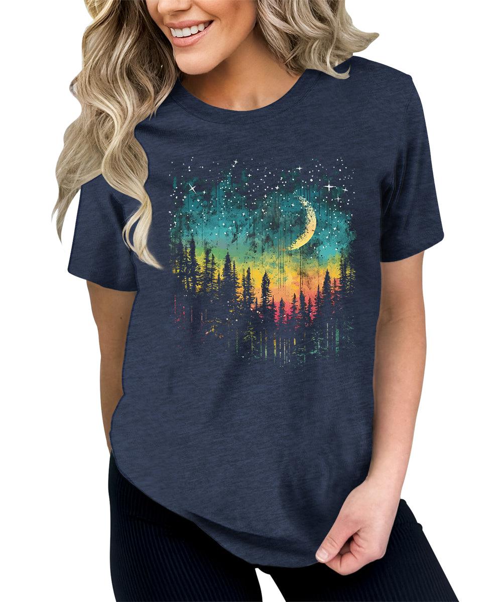 Women's Crescent Northern Lights Camping Forest Graphic Tees