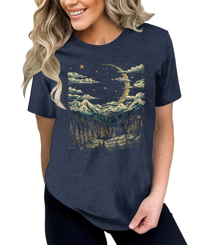 Women's Crescent Moon Night Hiking Camping Forest Graphic Tees