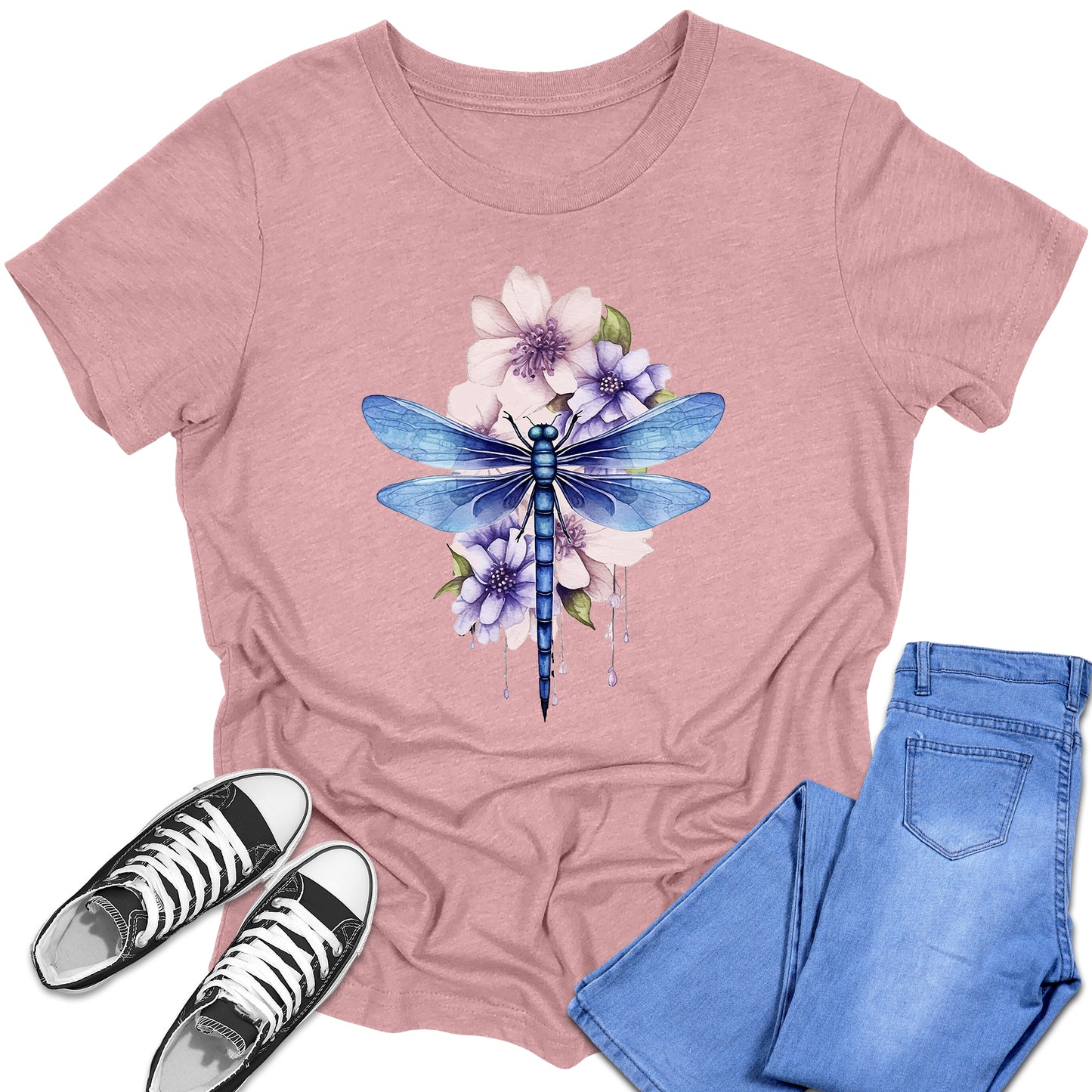 Girl's Short Sleeve Graphic Tees Cute Floral Dragonfly Shirt Back To School Fall Tops