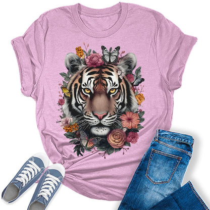 Floral Tiger Face Animal Graphic Tees For Women