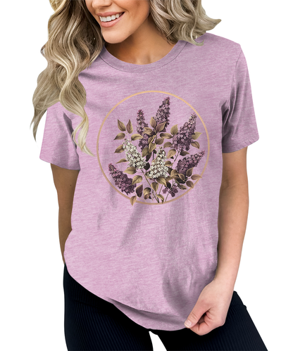 Trendy Purple Floral Circle Graphic Tees for Women