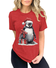 Christmas Penguin Santa Hat Shirts For Women's Graphic Tee