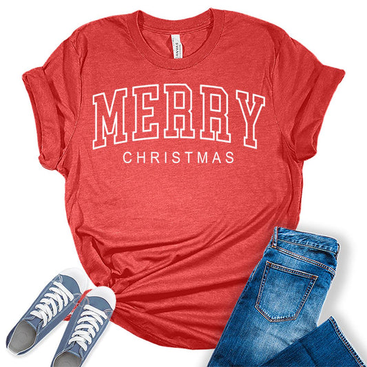 Merry Christmas Shirts for Women Cute Letter Print Tshirts Holiday Graphic Tees