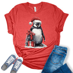 Christmas Penguin Santa Hat Shirts For Women's Graphic Tee