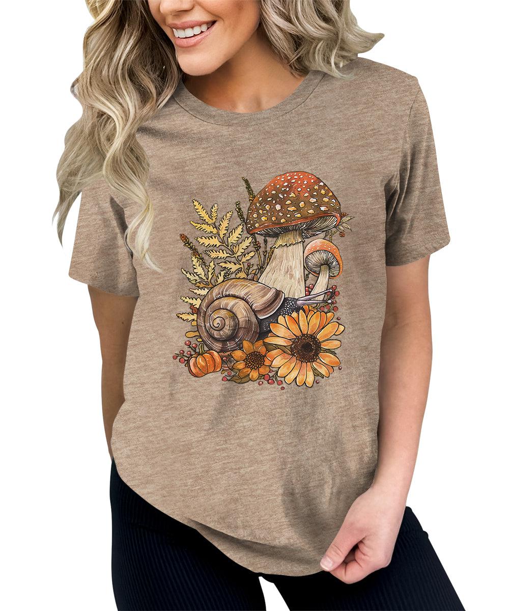 Fall Mushroom Snail Flowers Goblincore Graphic Tees For Women