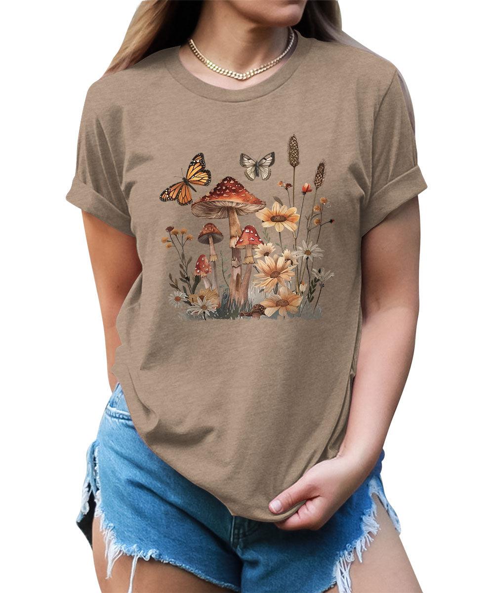 Wildflower Mushroom Butterfly Graphic Tees For Women