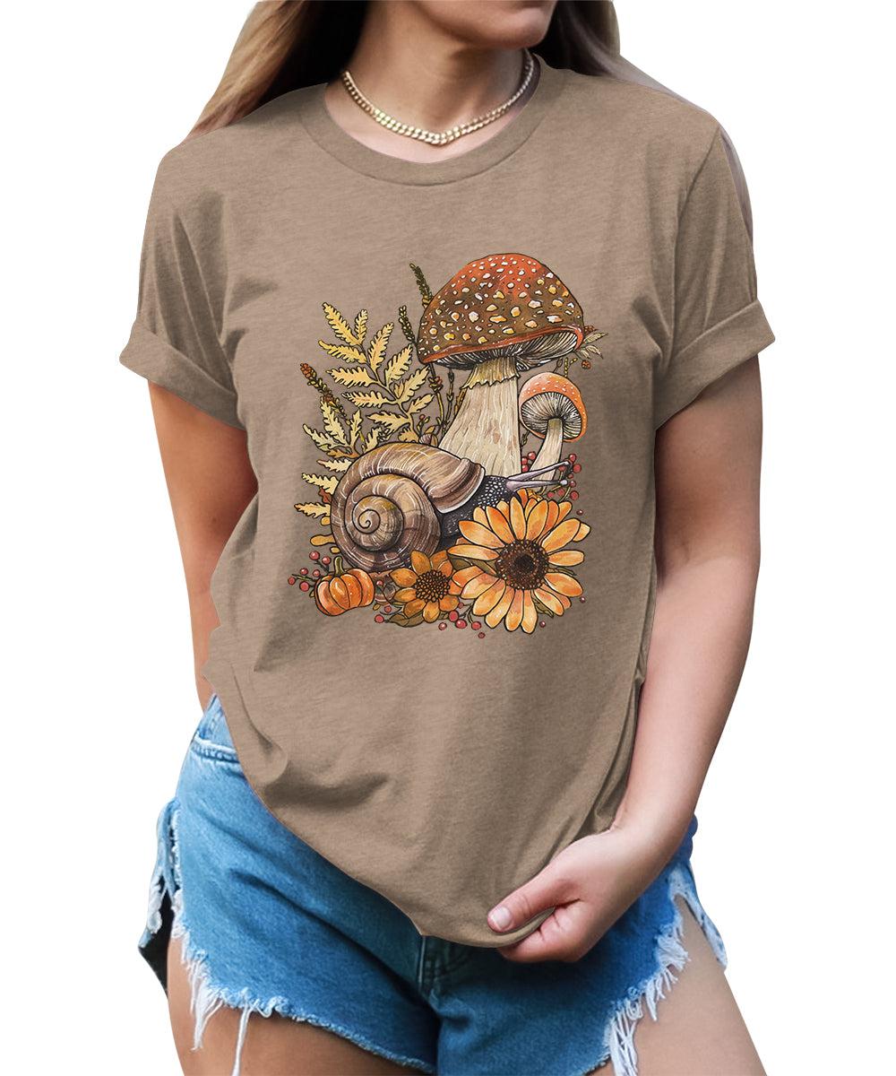 Fall Mushroom Snail Flowers Goblincore Graphic Tees For Women