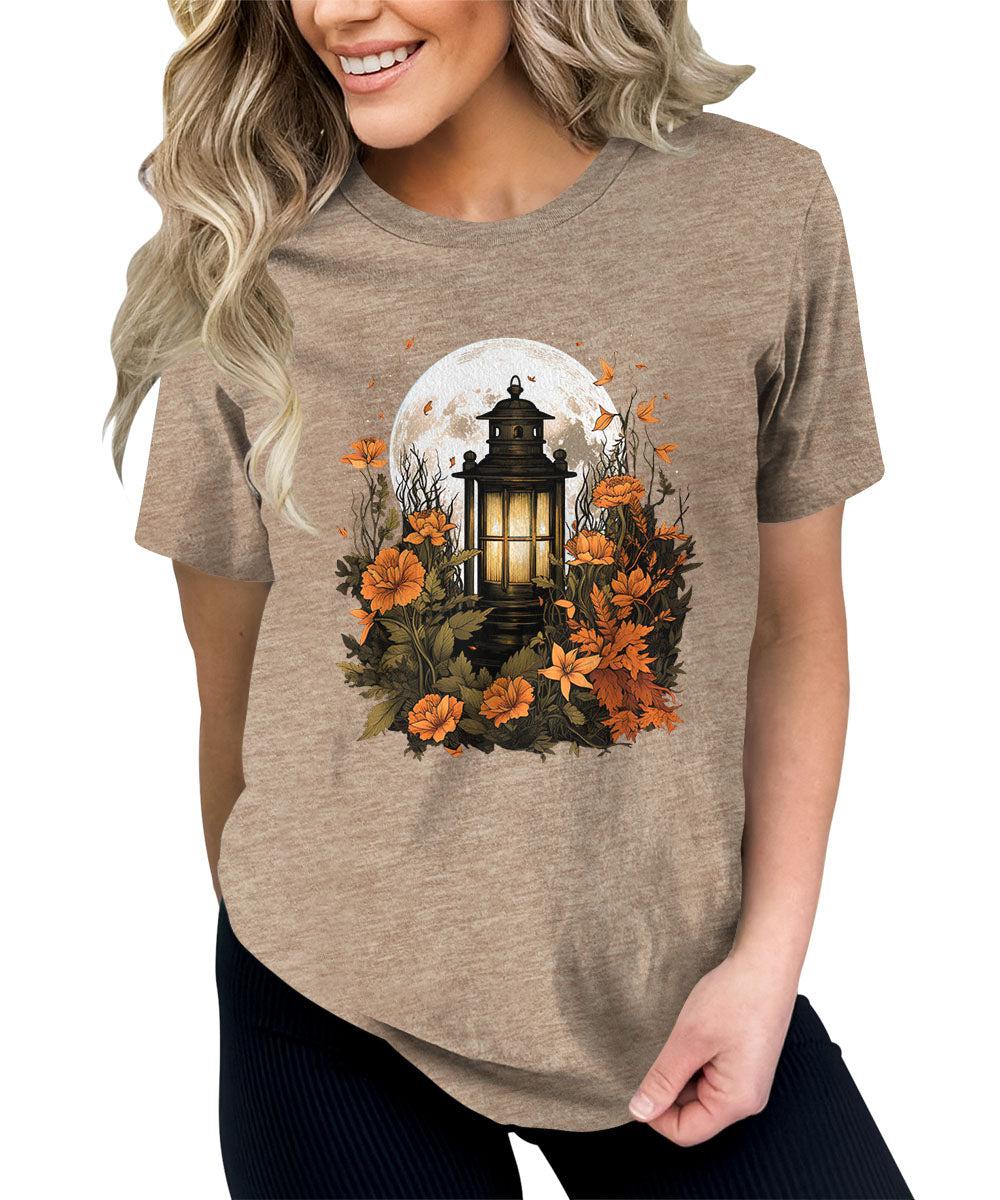 Fall Lantern Shirt Halloween Graphic Tees Short Sleeve Plus Size Tops For Women