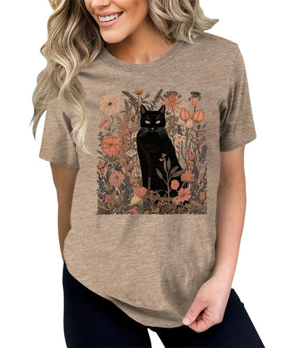 Women's Black Cat Wildflower Graphic Tees