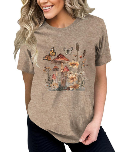 Wildflower Mushroom Butterfly Graphic Tees For Women