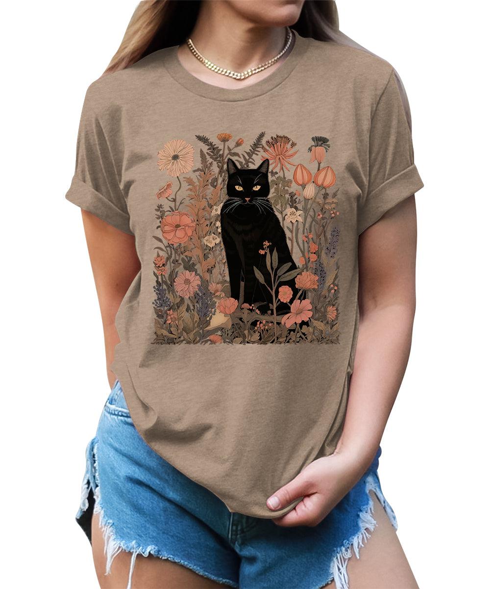 Women's Black Cat Wildflower Graphic Tees